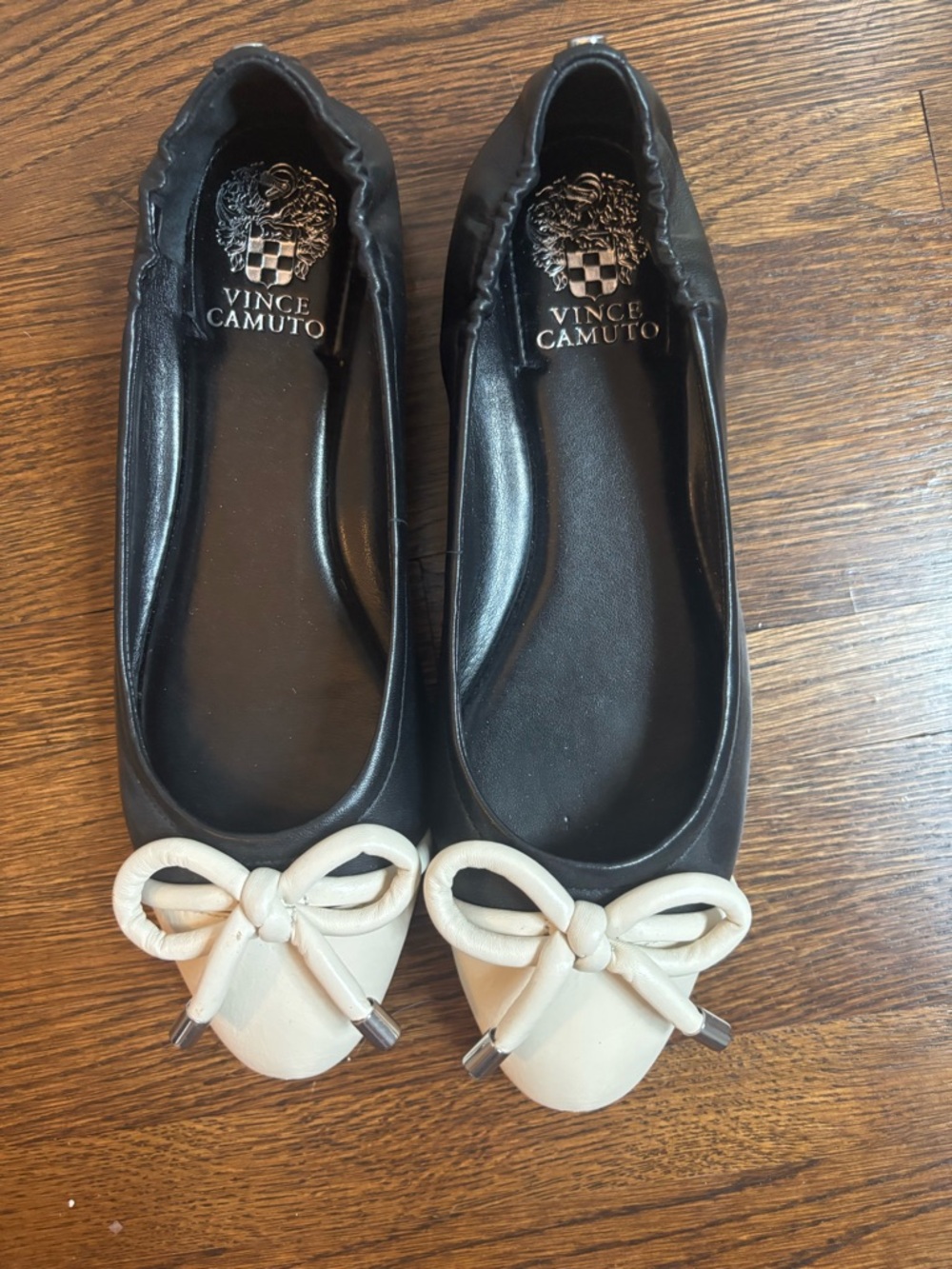 Worn once! Vince Camuto Black & Cream Ballet Flats -Bow Detail Silver accents - Picture 7 of 8